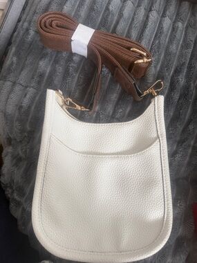 White Pebbled Leather Crossbody Bag with Brown Adjustable Strap